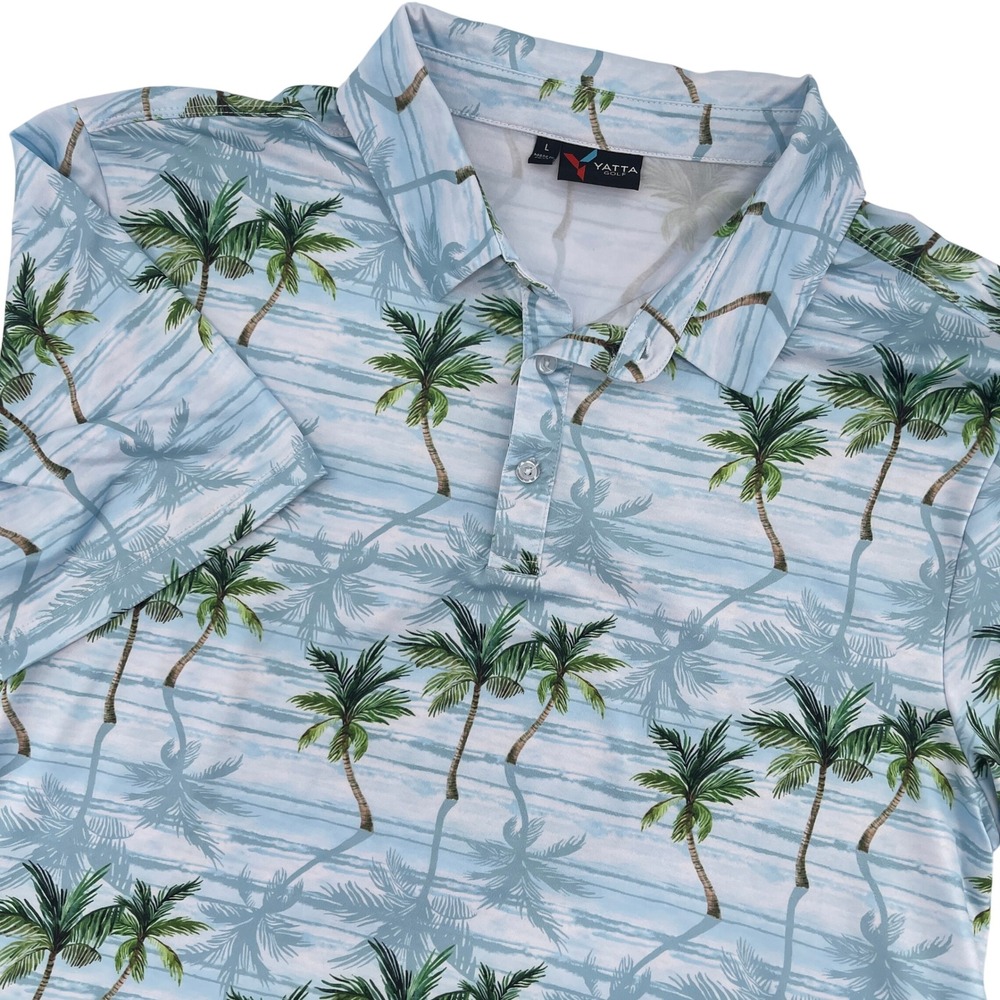 YATTA GOLF Men's Palm Tree Print‎ Polo Shirt Size L Blue Short Sleeve